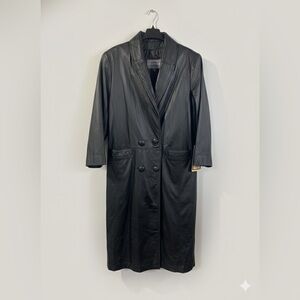 Vintage 90s Black Leather Trench Coat Jacket Womens L International Outerwear
